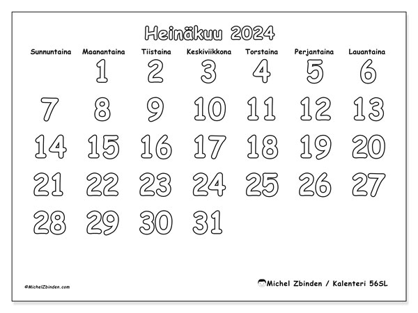 Kalenteri heinäkuu 2024 “56”. Ilmainen tulostettava kalenteri.. Sunnuntaista lauantaihin