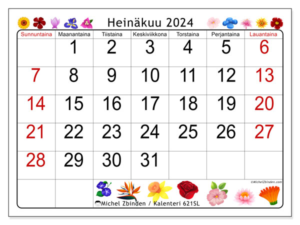 Kalenteri heinäkuu 2024 “621”. Ilmainen tulostettava lehti.. Sunnuntaista lauantaihin