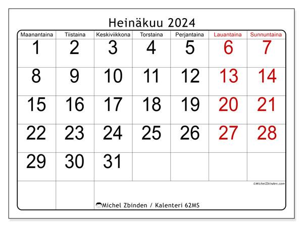 Kalenteri heinäkuu 2024 “62”. Ilmainen tulostettava aikataulu.. Maanantaista sunnuntaihin
