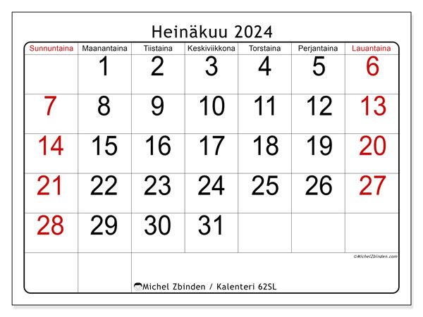 Kalenteri heinäkuu 2024 “62”. Ilmainen tulostettava aikataulu.. Sunnuntaista lauantaihin
