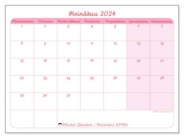 Kalenteri heinäkuu 2024 “63”. Ilmainen tulostettava aikataulu.. Maanantaista sunnuntaihin