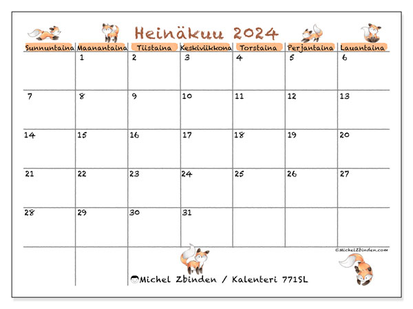 Kalenteri heinäkuu 2024 “771”. Ilmainen tulostettava lehti.. Sunnuntaista lauantaihin