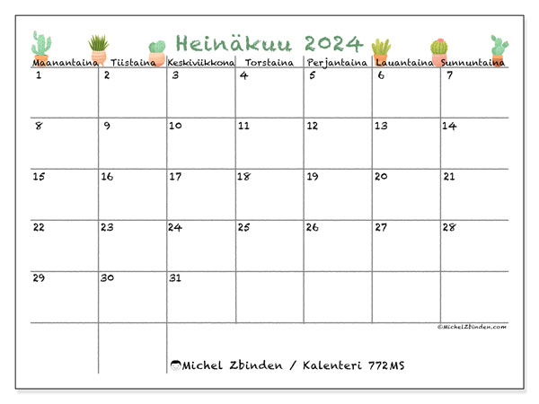 Kalenteri heinäkuu 2024 “772”. Ilmainen tulostettava kartta.. Maanantaista sunnuntaihin