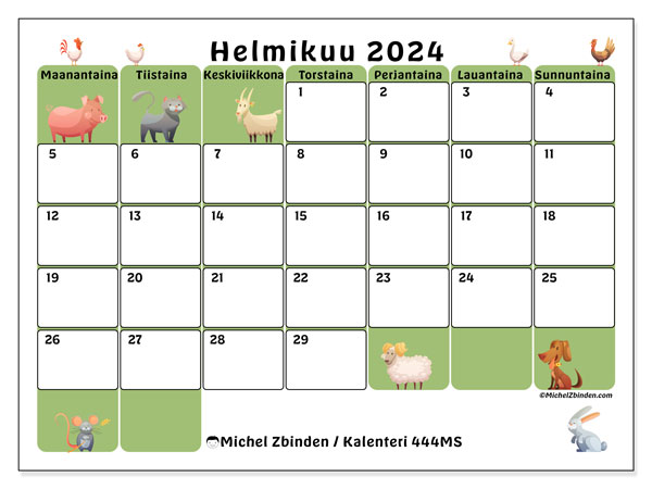 Kalenteri helmikuu 2024 “444”. Ilmainen tulostettava ohjelma.. Maanantaista sunnuntaihin