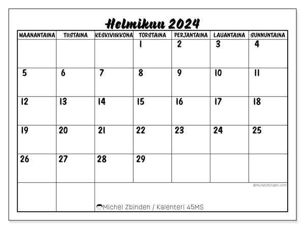 Kalenteri helmikuu 2024 “45”. Ilmainen tulostettava aikataulu.. Maanantaista sunnuntaihin