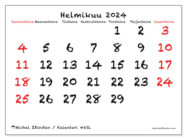 Kalenteri helmikuu 2024 “46”. Ilmainen tulostettava aikataulu.. Sunnuntaista lauantaihin