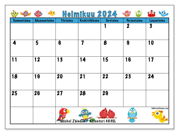 Kalenteri helmikuu 2024 “483”. Ilmainen tulostettava aikataulu.. Sunnuntaista lauantaihin