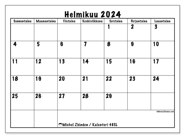 Tulostettava kalenteri, helmikuu 2024, 48SL