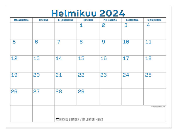 Kalenteri helmikuu 2024, 49SL. Ilmainen tulostettava kartta.