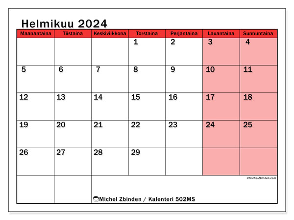 Kalenteri helmikuu 2024 “502”. Ilmainen tulostettava ohjelma.. Maanantaista sunnuntaihin