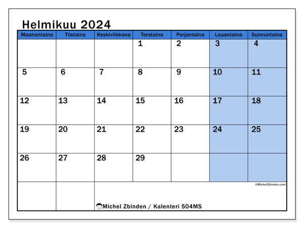 Kalenteri helmikuu 2024, 504SL. Ilmainen tulostettava aikataulu.