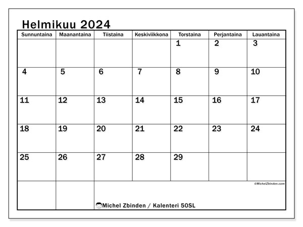 Tulostettava kalenteri, helmikuu 2024, 50SL
