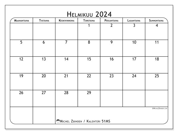 Kalenteri helmikuu 2024 “51”. Ilmainen tulostettava ohjelma.. Maanantaista sunnuntaihin