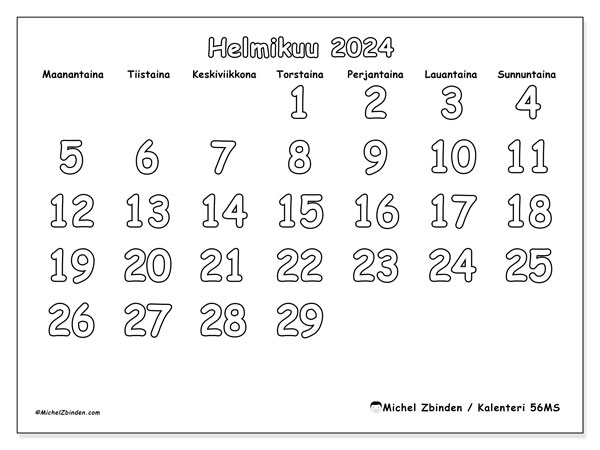 Kalenteri helmikuu 2024 “56”. Ilmainen tulostettava aikataulu.. Maanantaista sunnuntaihin