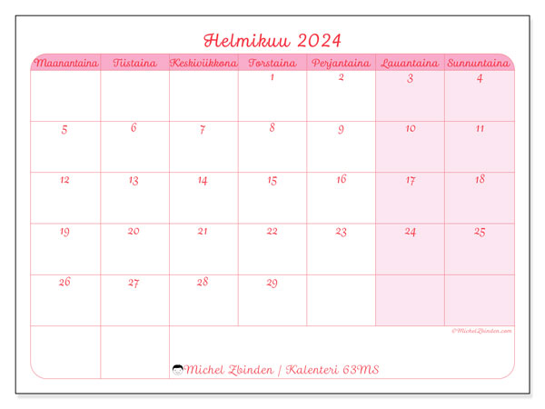Kalenteri helmikuu 2024, 63SL. Ilmainen tulostettava aikataulu.
