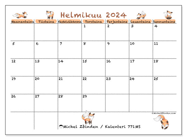 Kalenteri helmikuu 2024 “771”. Ilmainen tulostettava kalenteri.. Maanantaista sunnuntaihin