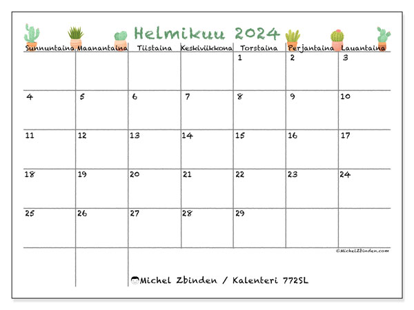 Tulostettava kalenteri, helmikuu 2024, 772SL