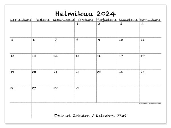 Kalenteri helmikuu 2024, 77SL. Ilmainen tulostettava aikataulu.