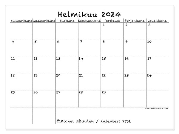 Tulostettava kalenteri, helmikuu 2024, 77SL