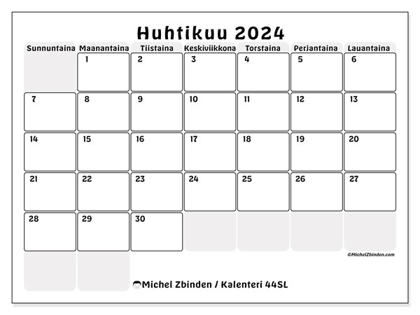Kalenteri huhtikuu 2024 “44”. Ilmainen tulostettava aikataulu.. Sunnuntaista lauantaihin