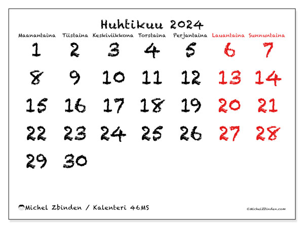 Kalenteri huhtikuu 2024, 46SL. Ilmainen tulostettava kartta.