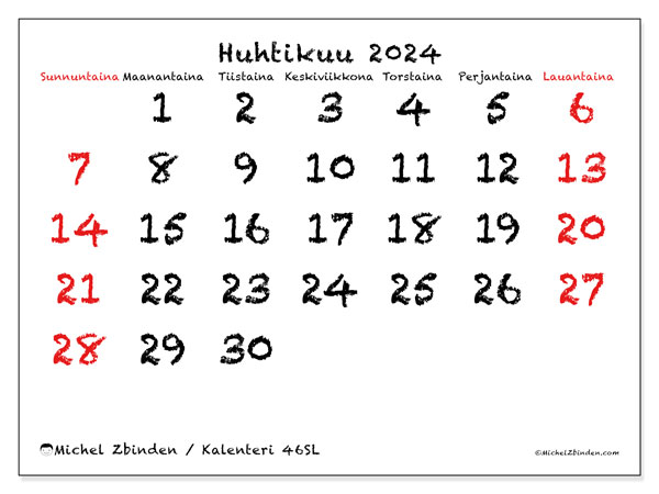 Kalenteri huhtikuu 2024 “46”. Ilmainen tulostettava kalenteri.. Sunnuntaista lauantaihin