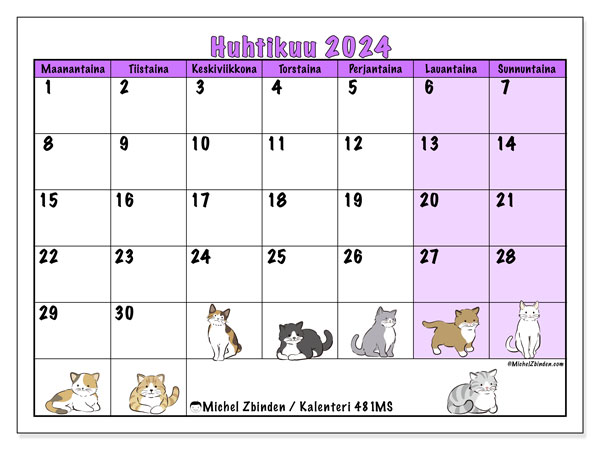 Kalenteri huhtikuu 2024 “481”. Ilmainen tulostettava aikataulu.. Maanantaista sunnuntaihin