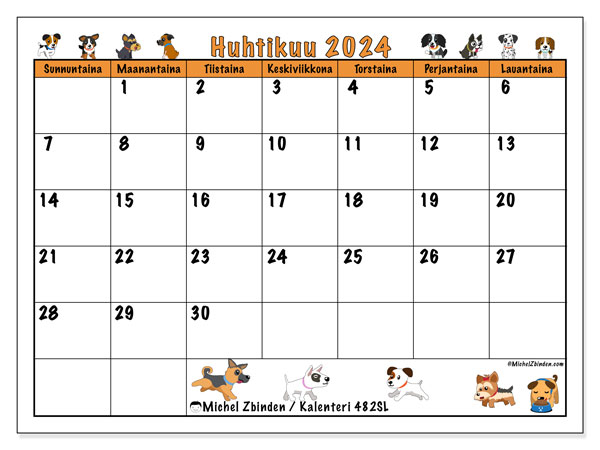 Kalenteri huhtikuu 2024 “482”. Ilmainen tulostettava aikataulu.. Sunnuntaista lauantaihin