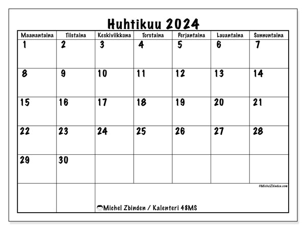Kalenteri huhtikuu 2024 “48”. Ilmainen tulostettava kalenteri.. Maanantaista sunnuntaihin