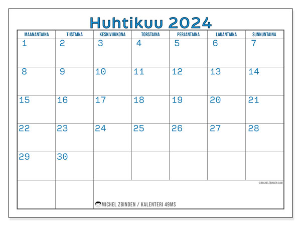 Kalenteri huhtikuu 2024 “49”. Ilmainen tulostettava ohjelma.. Maanantaista sunnuntaihin