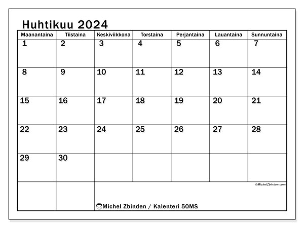 Kalenteri huhtikuu 2024 “50”. Ilmainen tulostettava aikataulu.. Maanantaista sunnuntaihin