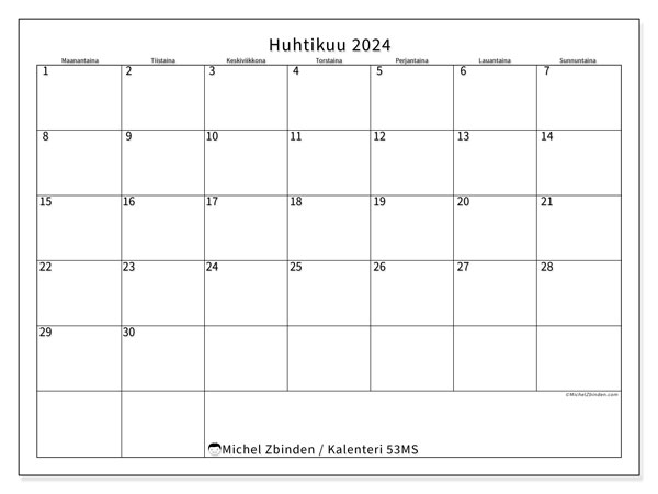 Kalenteri huhtikuu 2024 “53”. Ilmainen tulostettava kartta.. Maanantaista sunnuntaihin