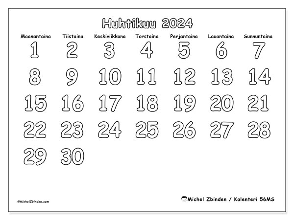 Kalenteri huhtikuu 2024 “56”. Ilmainen tulostettava aikataulu.. Maanantaista sunnuntaihin