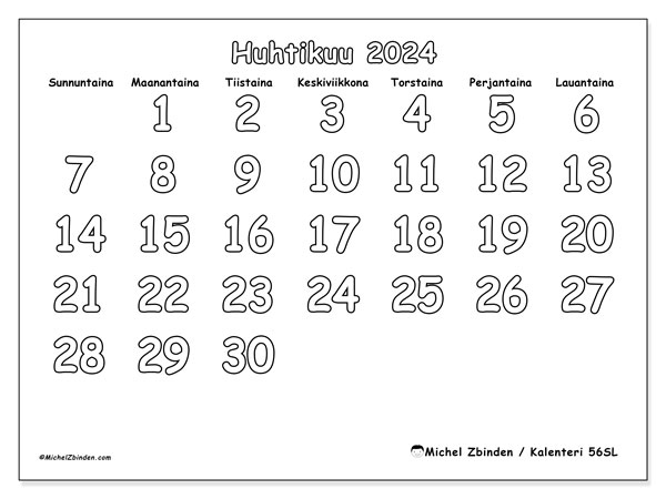 Kalenteri huhtikuu 2024 “56”. Ilmainen tulostettava aikataulu.. Sunnuntaista lauantaihin