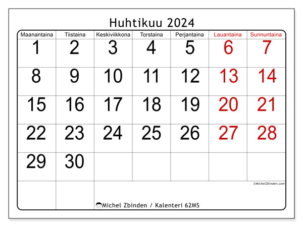 Kalenteri huhtikuu 2024 “62”. Ilmainen tulostettava kalenteri.. Maanantaista sunnuntaihin