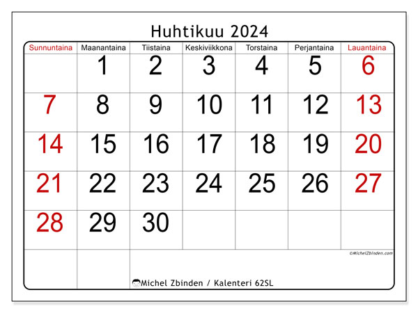 Kalenteri huhtikuu 2024 “62”. Ilmainen tulostettava kalenteri.. Sunnuntaista lauantaihin