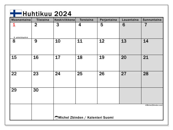 Kalenteri huhtikuu 2024, Suomi. Ilmainen tulostettava aikataulu.