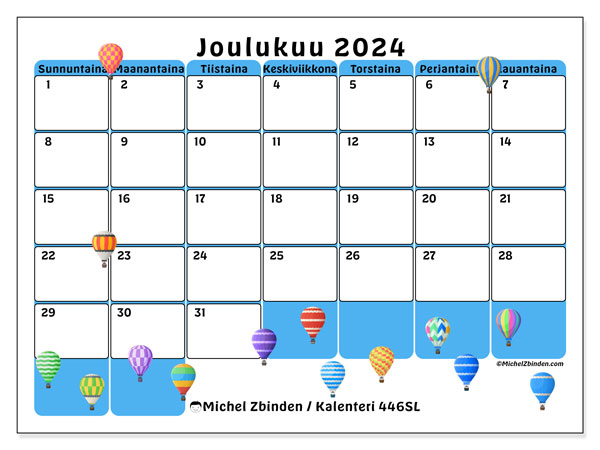 Kalenteri joulukuu 2024 “446”. Ilmainen tulostettava kalenteri.. Sunnuntaista lauantaihin