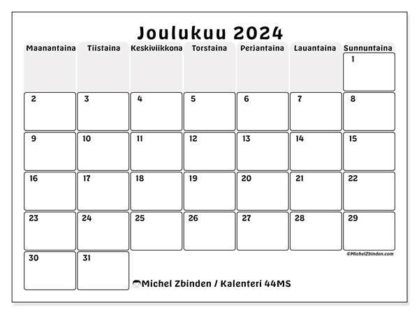 Kalenteri joulukuu 2024 “44”. Ilmainen tulostettava aikataulu.. Maanantaista sunnuntaihin