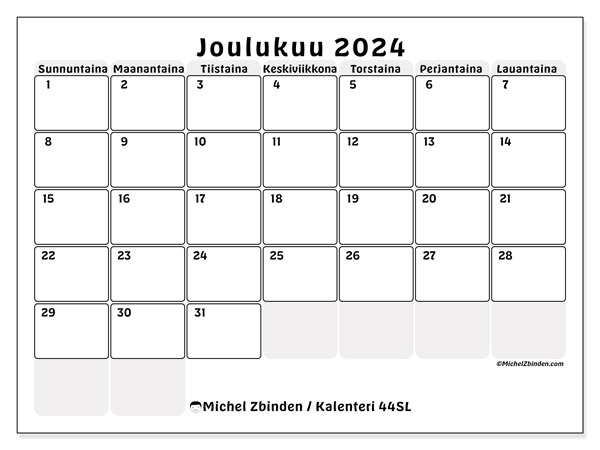 Kalenteri joulukuu 2024 “44”. Ilmainen tulostettava aikataulu.. Sunnuntaista lauantaihin