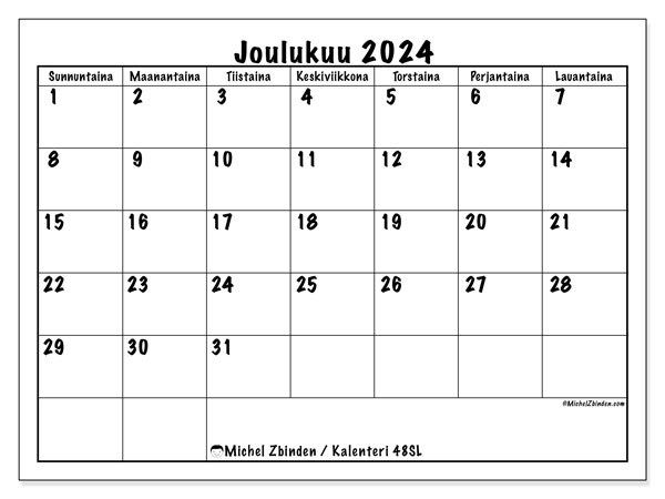 Kalenteri joulukuu 2024 “48”. Ilmainen tulostettava lehti.. Sunnuntaista lauantaihin