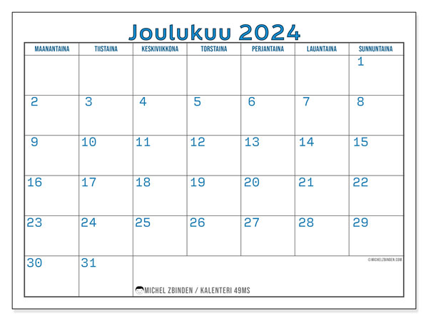 Kalenteri joulukuu 2024 “49”. Ilmainen tulostettava ohjelma.. Maanantaista sunnuntaihin