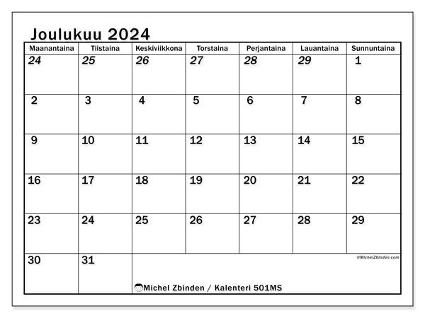 Kalenteri joulukuu 2024 “501”. Ilmainen tulostettava kalenteri.. Maanantaista sunnuntaihin
