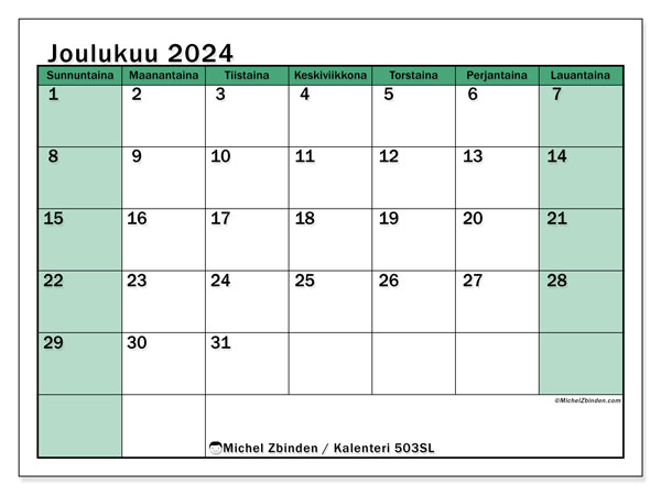 Kalenteri joulukuu 2024 “503”. Ilmainen tulostettava kalenteri.. Sunnuntaista lauantaihin