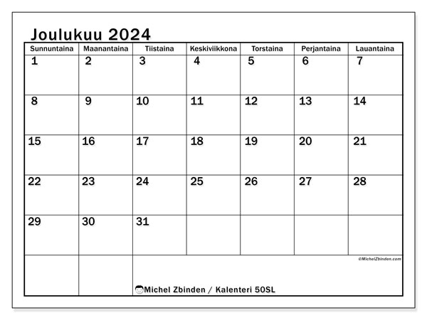Kalenteri joulukuu 2024 “50”. Ilmainen tulostettava aikataulu.. Sunnuntaista lauantaihin