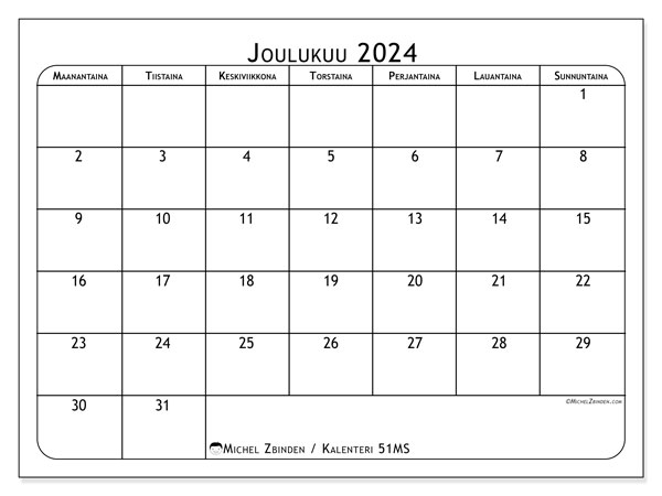 Kalenteri joulukuu 2024 “51”. Ilmainen tulostettava lehti.. Maanantaista sunnuntaihin