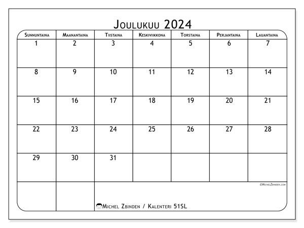 Kalenteri joulukuu 2024 “51”. Ilmainen tulostettava lehti.. Sunnuntaista lauantaihin