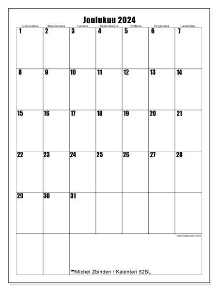 Kalenteri joulukuu 2024 “52”. Ilmainen tulostettava kalenteri.. Sunnuntaista lauantaihin