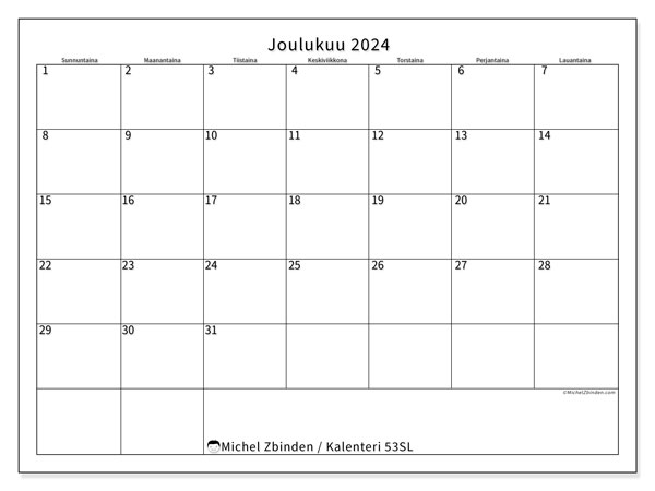 Kalenteri joulukuu 2024 “53”. Ilmainen tulostettava aikataulu.. Sunnuntaista lauantaihin