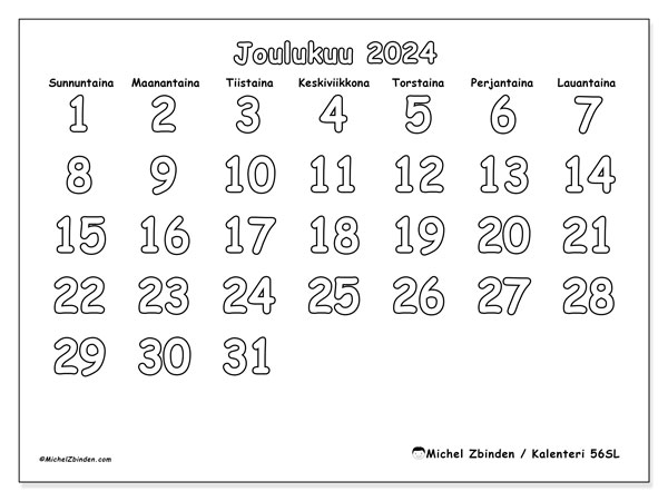 Kalenteri joulukuu 2024 “56”. Ilmainen tulostettava kalenteri.. Sunnuntaista lauantaihin